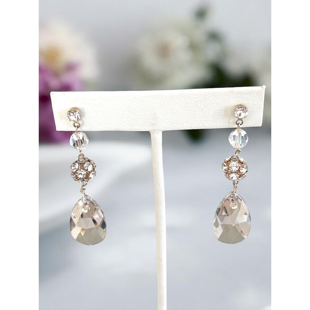 New Tia Adoro Crystal Drop Earrings Silver Tone Bridal - 9N